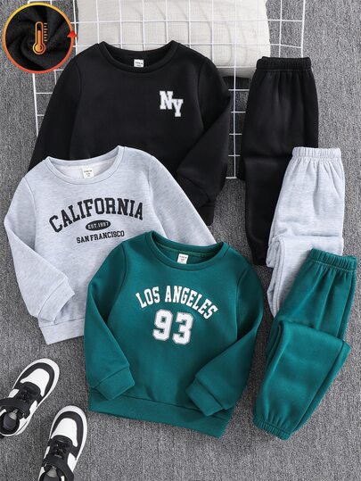 SHEIN 3-Piece Boys Casual College Style Comfortable Fashion Set, Simple Versatile Design With Decorative Details; Includes Soft Comfortable Thickened Pants Suitable For School-Age And Toddler Boys, Applicable For Daily Wear, School, Travel, Sports And Autumn/Winter Seasons