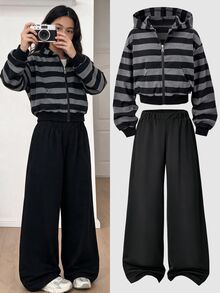SHEIN Tween Girl Fall Outfits Fall Tops 2pcs Set, Zipper Hoodies Wide Leg Black Pants Vintage, Loose, Knit, Casual, Fall - Multicolor - View 5
