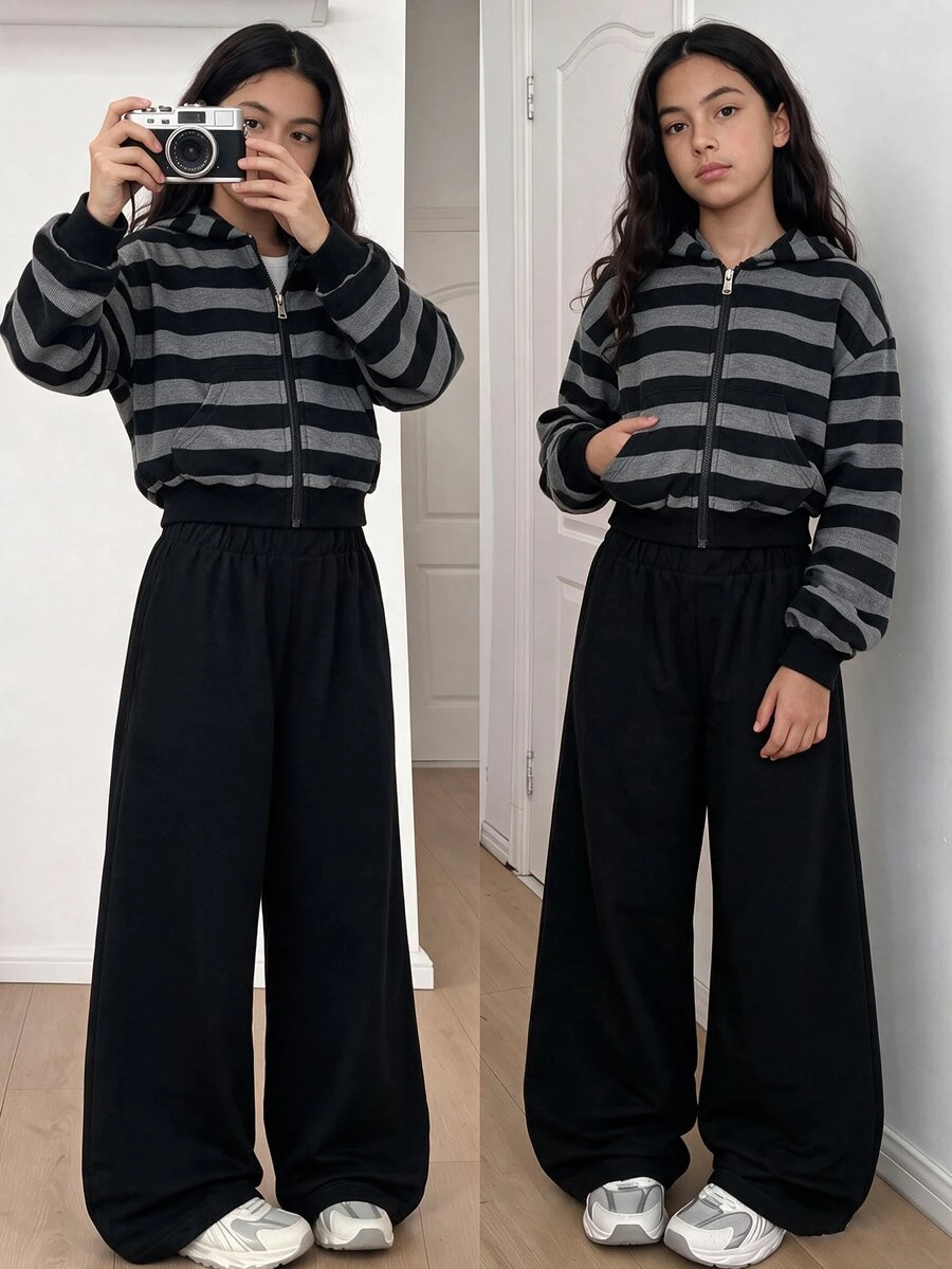 SHEIN Tween Girl Fall Outfits Fall Tops 2pcs Set, Zipper Hoodies Wide Leg Black Pants Vintage, Loose, Knit, Casual, Fall