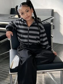 SHEIN Tween Girl Fall Outfits Fall Tops 2pcs Set, Zipper Hoodies Wide Leg Black Pants Vintage, Loose, Knit, Casual, Fall - Multicolor - View 6