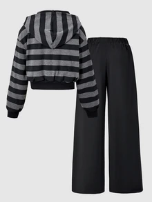 SHEIN Tween Girl Fall Outfits Fall Tops 2pcs Set, Zipper Hoodies Wide Leg Black Pants Vintage, Loose, Knit, Casual, Fall - Multicolor - View 3