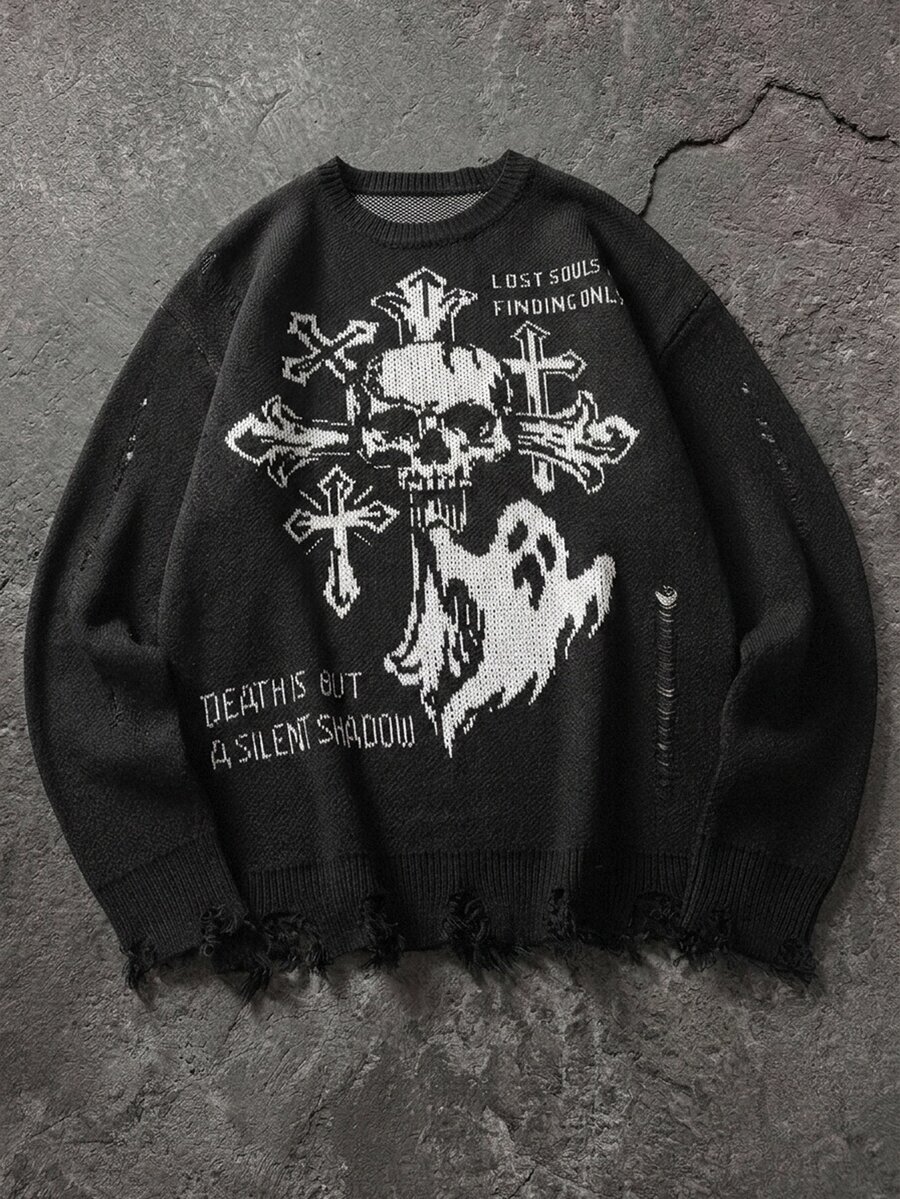 Manfinity EMRG Goth 80s Rock Grunge Men's Jacquard Crew Neck Long Sleeve Sweater Date Night Vacation Halloween Y2K Autumn Black Black And White - Black - View 1