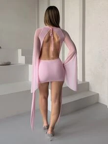 Katetique Romantic Vacation Earthy Tone Low-Cut Drape Collar, Flare Sleeve, Bodycon Mini Dress,Pink Dress - Pink - View 2