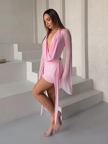Katetique Romantic Vacation Earthy Tone Low-Cut Drape Collar, Flare Sleeve, Bodycon Mini Dress,Pink Dress - Pink - View 5