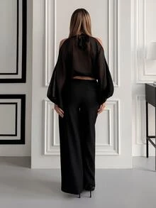 Katetique 女士休闲纯灰色宽腿宽松长裤，配有抽绳和网眼面板装饰，适合日常穿着和通勤 - 黑色 - 查看 2