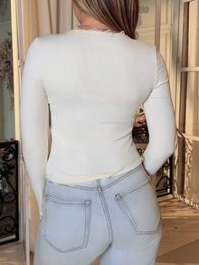 Katetique 女士蕾丝荷叶边修身开衫长袖上衣 - 米色 - 查看 2