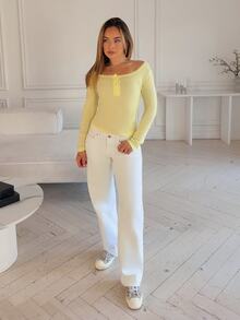 Katetique 女士甜美蕾丝边长袖 T 恤，修身款三扣休闲白色 T 恤上衣夏季秋季女士长袖上衣淡黄色上衣蕾丝边上衣白色上衣女士毛衣女士上衣奶油黄色上衣女士上衣 - 淡黃色 - 查看 3