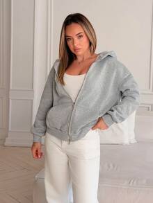 Katetique Casual Loose Hooded Long Sleeve Zip-Up Women Sweatshirts - Grey - View 1