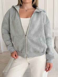 Katetique Casual Loose Hooded Long Sleeve Zip-Up Women Sweatshirts - Grey - View 5