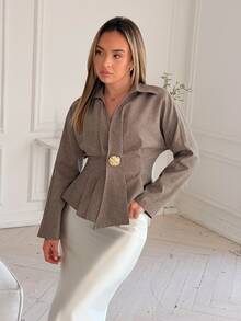 Katetique Women's Elegant Collared Waist Shirt, Suitable For Commuting, Office, Summer Vacation, Spring & Summer - Khaki - View 3