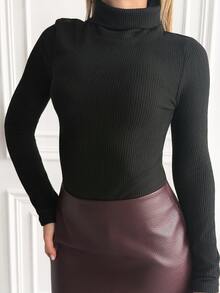 Katetique Women's Turtleneck Patchwork Long Sleeve Bodysuit, Fitted, Contrast Color, Autumn/Winter - Black - View 6