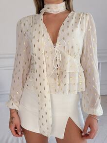 Katetique Women's French Style Metallic Foil Leaf Pattern White And Gold Blouse,Autumn Elegant Tea Party Detachable Ribbon Ruffle Hem Eyelet Western Tops - Apricot - View 3