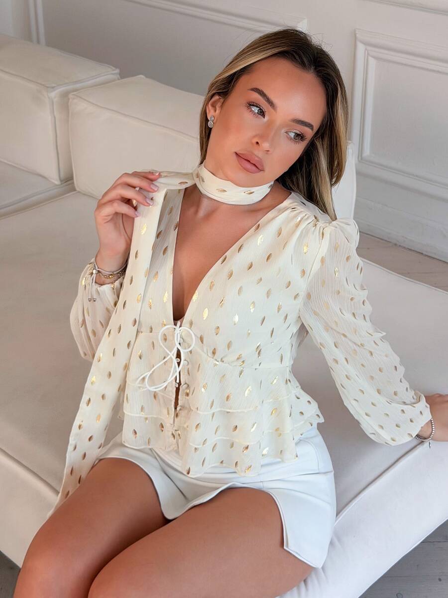 Katetique Women's French Style Metallic Foil Leaf Pattern White And Gold Blouse,Autumn Elegant Tea Party Detachable Ribbon Ruffle Hem Eyelet Western Tops - Apricot - View 1