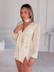 Katetique Women's French Style Metallic Foil Leaf Pattern White And Gold Blouse,Autumn Elegant Tea Party Detachable Ribbon Ruffle Hem Eyelet Western Tops - Apricot - View 4