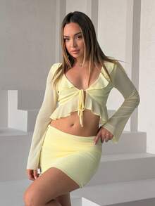 Katetique Women's Solid Yellow Low-Waist Skirt And Ruffle Tie Cuff Long Sleeve Blouse 2-Piece Set, Spring/Summer - Yellow - View 4