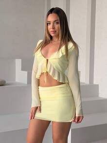 Katetique Women's Solid Yellow Low-Waist Skirt And Ruffle Tie Cuff Long Sleeve Blouse 2-Piece Set, Spring/Summer - Yellow - View 5