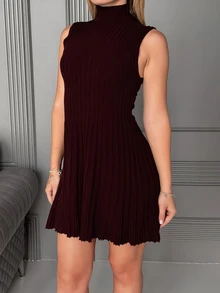 Katetique Minimalist Chic Minimalist Stand Collar Sleeveless A-Line Mini Ribbed Knit Dress For Women Everyday Dark Brown Autumn - Coffee Brown - View 6
