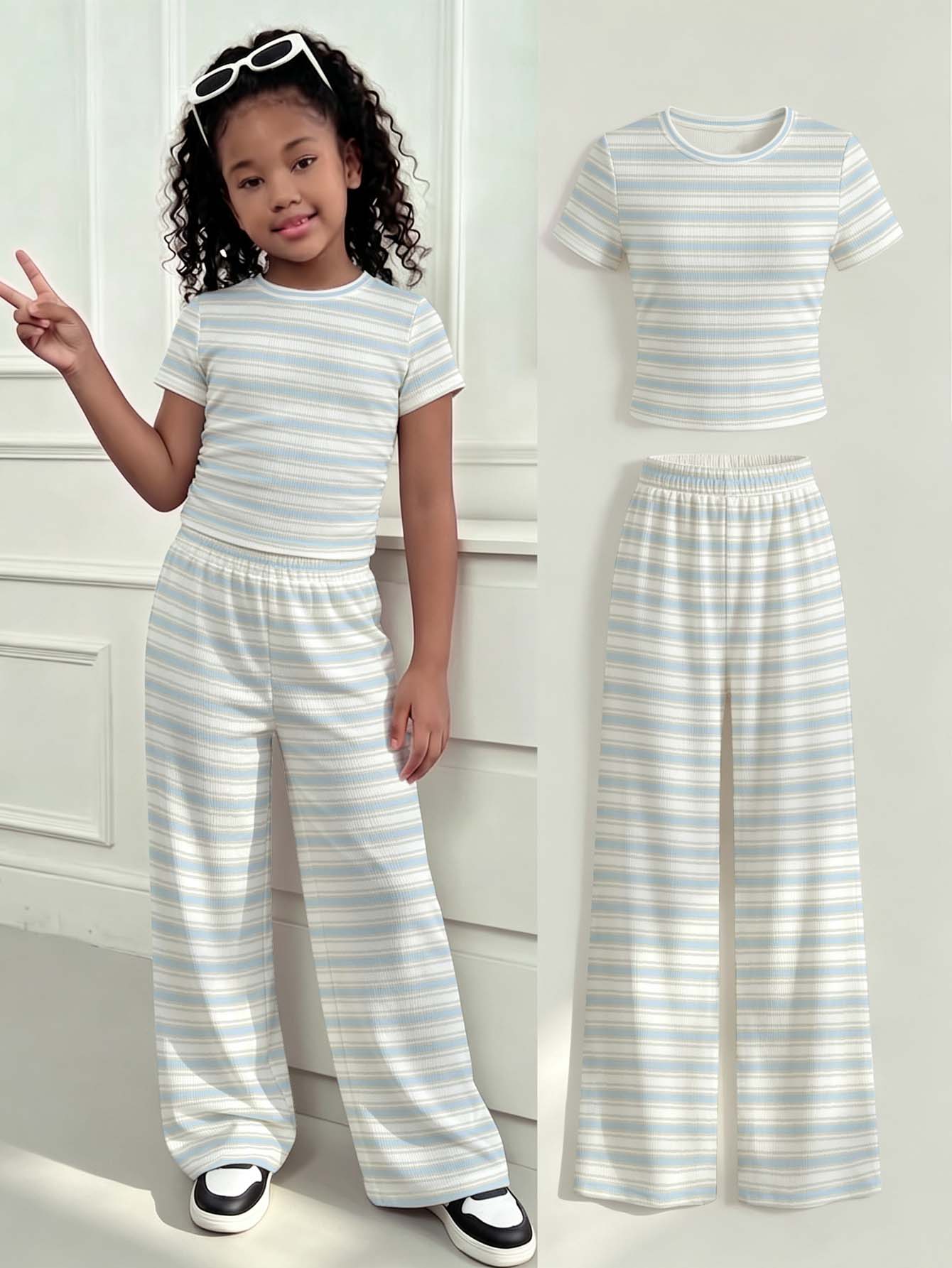 Kids Tween Girls Printed T-Shirt And Long Pants Knit 2 Pieces Set, Casual Daily Fashion Versatile Thickened Fleece - Multicolor - View 1