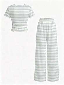 Kids Tween Girls Printed T-Shirt And Long Pants Knit 2 Pieces Set, Casual Daily Fashion Versatile Thickened Fleece - Multicolor - View 2
