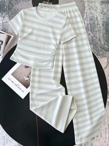 Kids Tween Girls Printed T-Shirt And Long Pants Knit 2 Pieces Set, Casual Daily Fashion Versatile Thickened Fleece - Multicolor - View 3