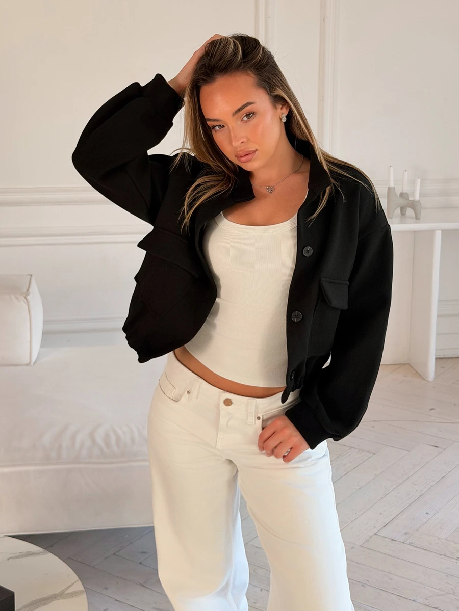 Katetique Plain Collar Pocket Short Women Jacket,Fall Clothes - Black - View 1
