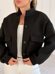 Katetique Plain Collar Pocket Short Women Jacket,Fall Clothes - Black - View 3