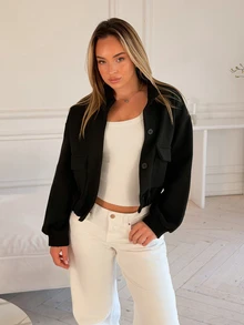 Katetique Plain Collar Pocket Short Women Jacket,Fall Clothes - Black - View 5