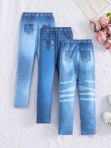 3pcs Young Girl Girls Casual Cute Graffiti, Rainbow Purple, Butterfly, Kitty, Denim Look Print Leggings Summer - Blue - View 3