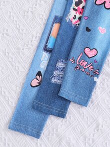 3pcs Young Girl Girls Casual Cute Graffiti, Rainbow Purple, Butterfly, Kitty, Denim Look Print Leggings Summer - Blue - View 5