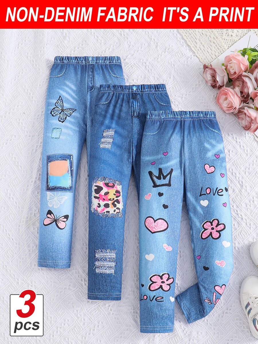 3pcs Young Girl Girls Casual Cute Graffiti, Rainbow Purple, Butterfly, Kitty, Denim Look Print Leggings Summer
