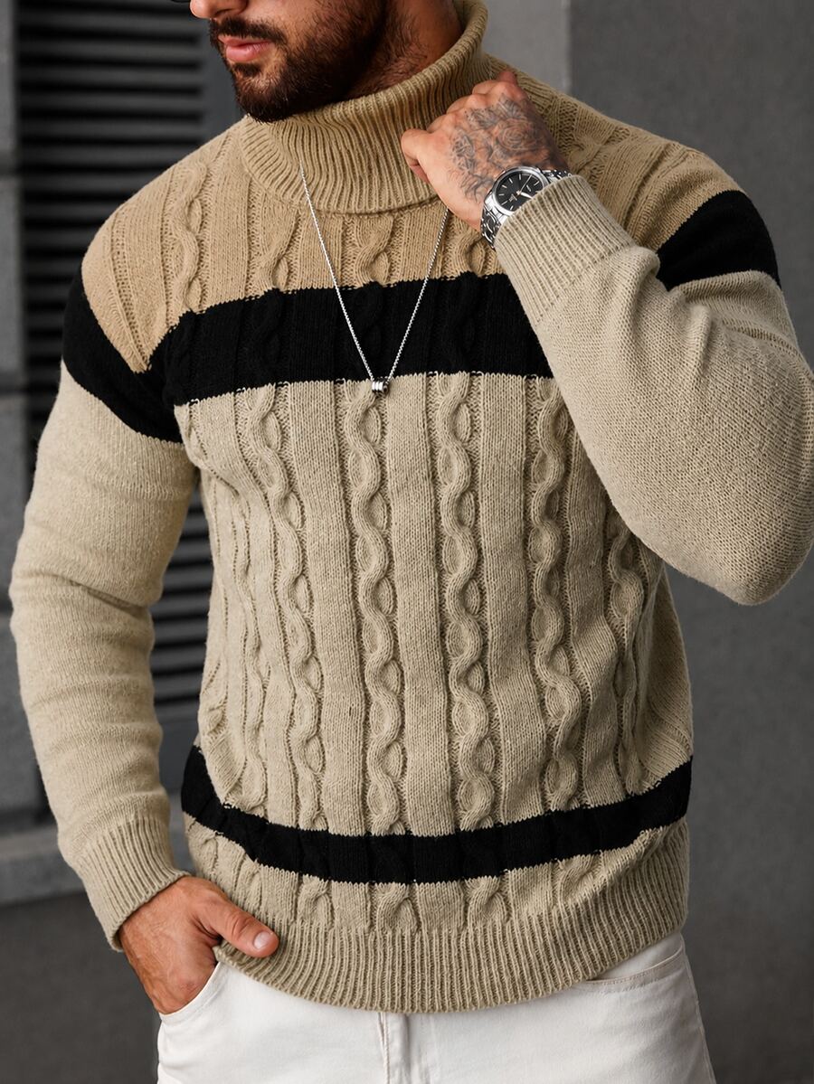 Manfinity Homme Men's Colorblock High Cable Neck Long Sleeve Casual Versatile Sweater Brown,Fall/Winter Comfortable For Daily Outings And Activities - Multicolor - View 1