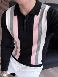 Manfinity Homme 男士休閒長袖套頭毛衣，翻領設計，直條紋針織春/秋/冬上衣，黑粉配色拼接修身款，復古修身直條紋套頭毛衣，適合日常通勤 - 黑色 - 查看 3