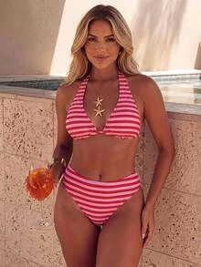 Swim Mod ملابس سباحة بيكيني نسائية مقاس كبير قطعتين بطبعة مخططة وحمالات رفيعة مثيرة لعطلات الشاطئ - متعدد الألوان - مشاهدة 8