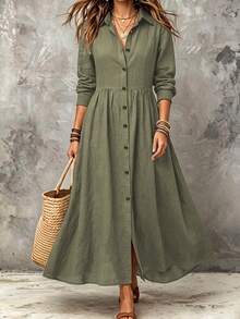 Linhara CURVE Plus Size Woven Elegant Summer Long Dress Fall - Green - View 4