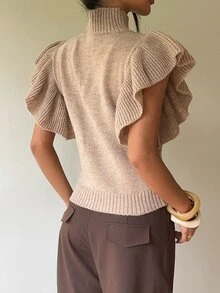 SHEIN Women's Autumn/Winter French Vintage Mock Neck Sleeveless Knit 3D Flutter Sleeve Base Layer Sweater - Khaki - View 2