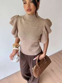 SHEIN Women's Autumn/Winter French Vintage Mock Neck Sleeveless Knit 3D Flutter Sleeve Base Layer Sweater - Khaki - View 1