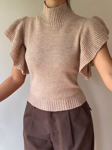 SHEIN Women's Autumn/Winter French Vintage Mock Neck Sleeveless Knit 3D Flutter Sleeve Base Layer Sweater - Khaki - View 6
