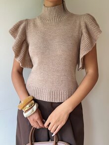 SHEIN Women's Autumn/Winter French Vintage Mock Neck Sleeveless Knit 3D Flutter Sleeve Base Layer Sweater - Khaki - View 5