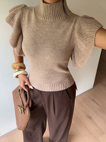SHEIN Women's Autumn/Winter French Vintage Mock Neck Sleeveless Knit 3D Flutter Sleeve Base Layer Sweater - Khaki - View 8