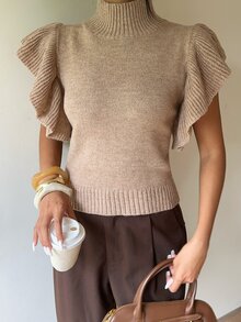 SHEIN Women's Autumn/Winter French Vintage Mock Neck Sleeveless Knit 3D Flutter Sleeve Base Layer Sweater - Khaki - View 3