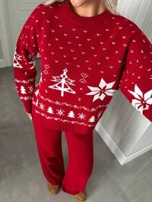SHEIN Christmas Fair Isle Knit Lounge Set - Red - View 4