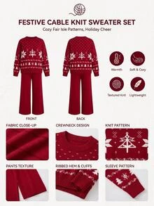 SHEIN Christmas Fair Isle Knit Lounge Set - Red - View 9