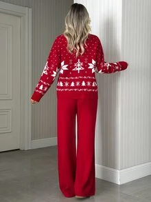 SHEIN Christmas Fair Isle Knit Lounge Set - Red - View 2