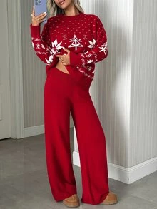 SHEIN Christmas Fair Isle Knit Lounge Set - Red - View 3
