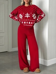 SHEIN Christmas Fair Isle Knit Lounge Set - Red - View 7