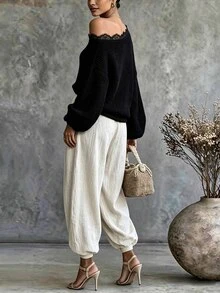 SHEIN Women's Lace Patchwork Asymmetrical Shoulder Casual Versatile Daily Long Sleeve Sweater - Black - View 2