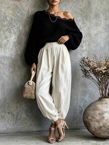SHEIN Women's Lace Patchwork Asymmetrical Shoulder Casual Versatile Daily Long Sleeve Sweater - Black - View 3