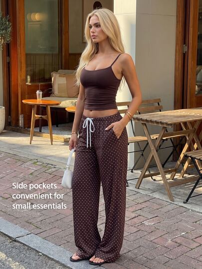 Fluxe Women Brown Polka Dot Print Wide Leg Pants Drawstring High Waist Buttery Soft Gym Workout Pilates Yoga Casual Lounge Sport Athletic Summer Trousers