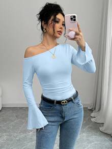 SHEIN Clasi Fashion Women's Knit Flare Sleeve Asymmetric Shoulder Top - Blue - View 3