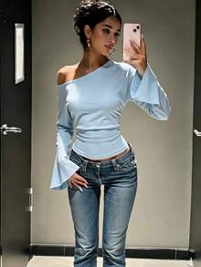 SHEIN Clasi Fashion Women's Knit Flare Sleeve Asymmetric Shoulder Top - Blue - View 1